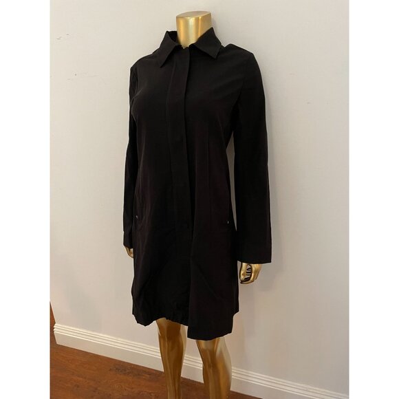Theory Black Button zip Long Womens Trench Coat Academia Preppy Classic Split M - Picture 1 of 13